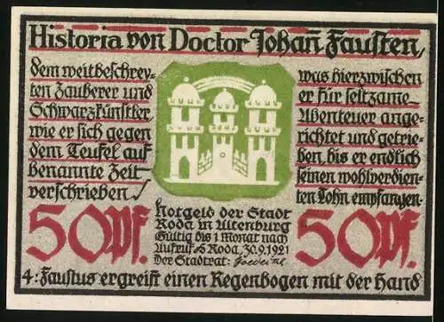 Notgeld Roda 1921, 50 Pfennig, Faust ergreift Regenbogen am Stadtrand