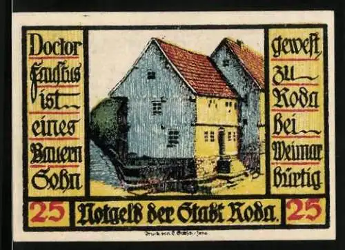 Notgeld Roda 1921, 25 Pfennig, Fausthaus, Wappen