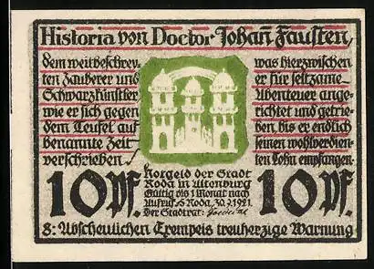 Notgeld Roda 1921, 10 Pfennig, Historia von Doctor Johann Fausten, Wappen