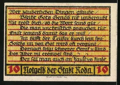 Notgeld Roda 1921, 10 Pfennig, Historia von Doctor Johann Fausten, Wappen