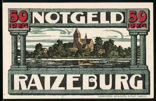 Notgeld Ratzeburg, 50 Pfennig, Uferpartie mit Dom, Razivia die Ratgeberin