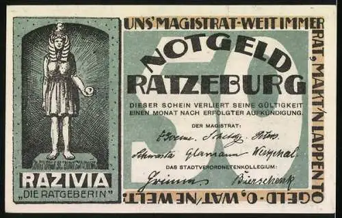 Notgeld Ratzeburg, 50 Pfennig, Uferpartie mit Dom, Razivia die Ratgeberin