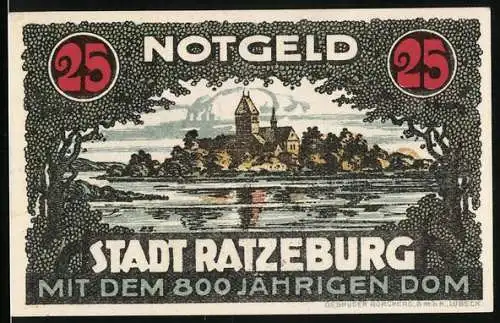Notgeld Ratzeburg, 25 Pfennig, Uferpartie mit dem 800 jährigen Dom