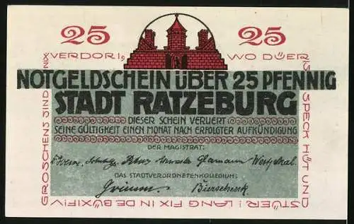 Notgeld Ratzeburg, 25 Pfennig, Uferpartie mit dem 800 jährigen Dom