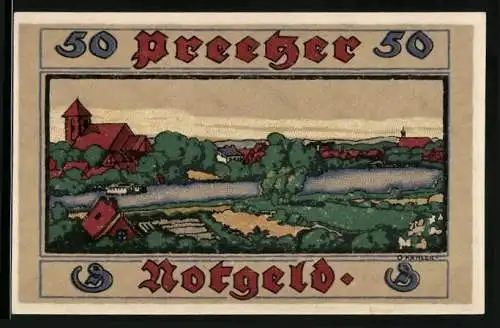 Notgeld Preetz 1921, 50 Pfennig, Ortspartie mit Kirche