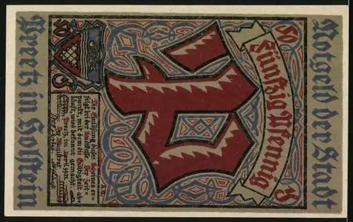Notgeld Preetz 1921, 50 Pfennig, Strassenpartie mit Fachwerkhaus