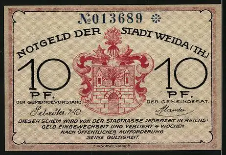 Notgeld Weida /Th., 10 Pfennig, Weidaer Schuh-Fabrikation