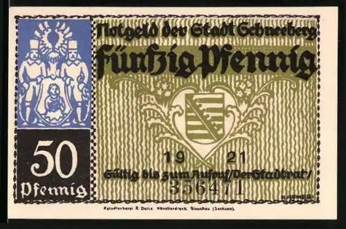 Notgeld Schneeberg 1921, 50 Pfennig, Markt und Füpftenplatz, Wappen