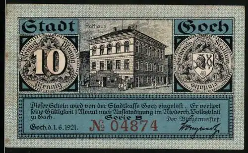 Notgeld Goch 1921, 10 Pfennig, Rathaus, Wappen