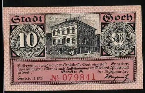 Notgeld Goch 1921, 10 Pfennig, Rathaus, Wappen