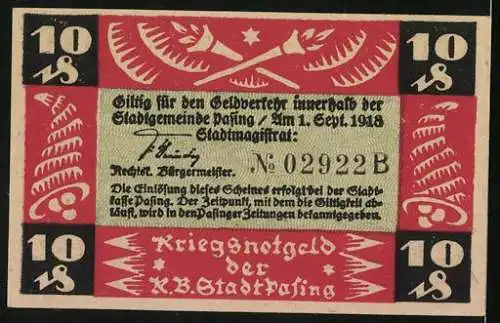 Notgeld Pasing 1918, 10 Pfennig, Stadtwappen