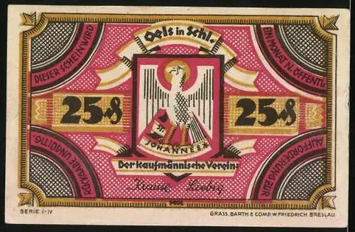 Notgeld Oels in Schl., 25 Pfennig, Blick zum Schloss, Wappen
