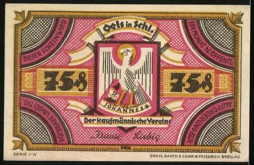 Notgeld Oels in Schl., 75 Pfennig, Rathaus, Wappen