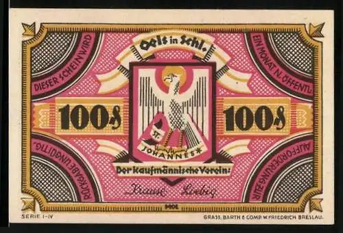 Notgeld Oels in Schl., 1 Mark, Schlosskirche, Wappen