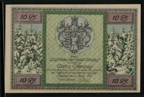 Notgeld Ohrdruf 1921, 10 Pfennig, Tannen im Schnee, Stadtwappen