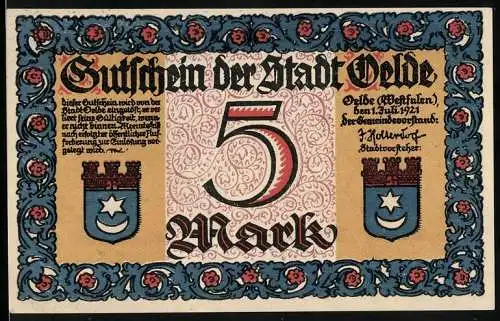 Notgeld Oelde 1921, 5 Mark, Schutzmann verhaftet Kupferschmied