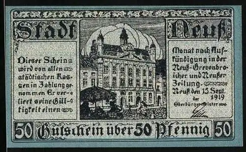 Notgeld Neuss 1919, 50 Pfennig, Rathaus, Wappen