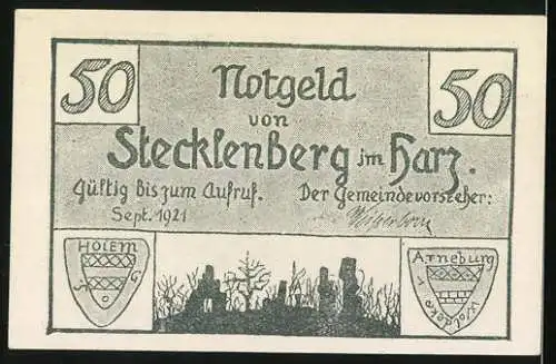 Notgeld Stecklenberg im Harz 1921, 50 Pfennig, Der Stecklenberg um das Jahr 1810