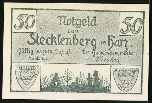 Notgeld Stecklenberg im Harz 1921, 50 Pfennig, Ruine Stecklenburg um das Jahr 1840