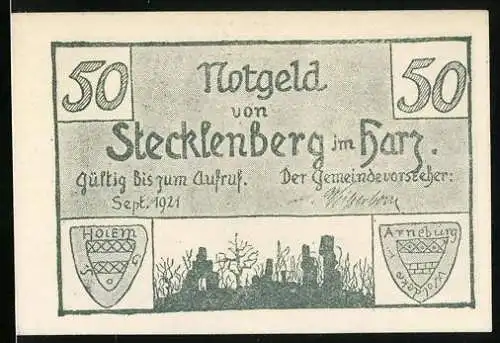 Notgeld Stecklenberg im Harz 1921, 50 Pfennig, Ruine Lauenburg um das Jahr 1840, Wappen
