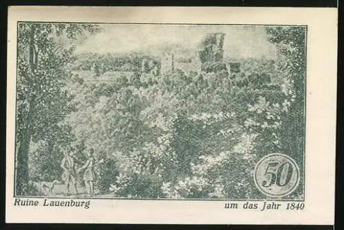 Notgeld Stecklenberg im Harz 1921, 50 Pfennig, Ruine Lauenburg um das Jahr 1840, Wappen