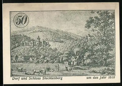 Notgeld Stecklenberg im Harz 1921, 50 Pfennig, Dorf und Schloss Stecklenberg um das Jahr 1810