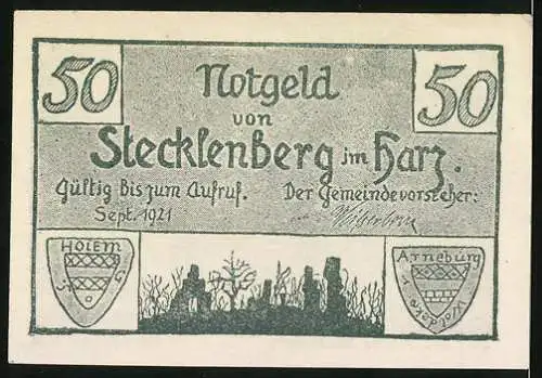 Notgeld Stecklenberg im Harz 1921, 50 Pfennig, Dorf und Schloss Stecklenberg um das Jahr 1810