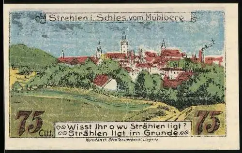 Notgeld Strehlen in Schlesien 1921, 75 Pfennig, Teilansicht vom Mühlberg, Wappen