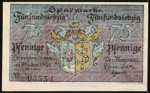 Notgeld Strehlen in Schlesien 1921, 75 Pfennig, Teilansicht vom Mühlberg, Wappen