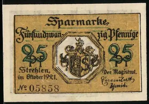 Notgeld Strehlen in Schlesien 1921, 25 Pfennig, St. Gotthard-Kirche, St. Michael-Kirche, Wappen