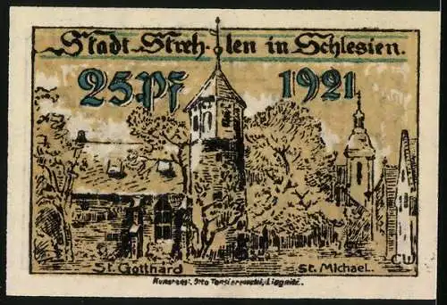 Notgeld Strehlen in Schlesien 1921, 25 Pfennig, St. Gotthard-Kirche, St. Michael-Kirche, Wappen