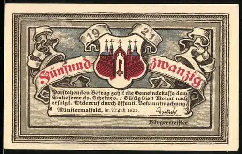 Notgeld Münstermaifeld 1921, 25 Pfennig, Wasserfall an der Ruine Pyrmont