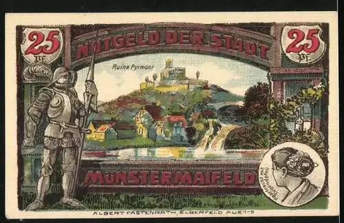 Notgeld Münstermaifeld 1921, 25 Pfennig, Wasserfall an der Ruine Pyrmont