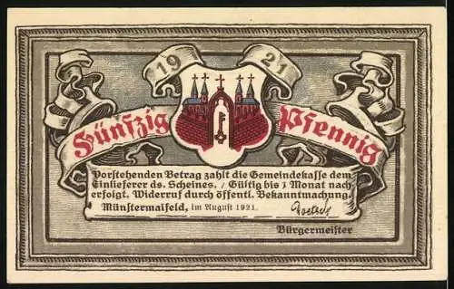 Notgeld Münstermaifeld 1921, 50 Pfennig, Die Stadt als römisches Kastell