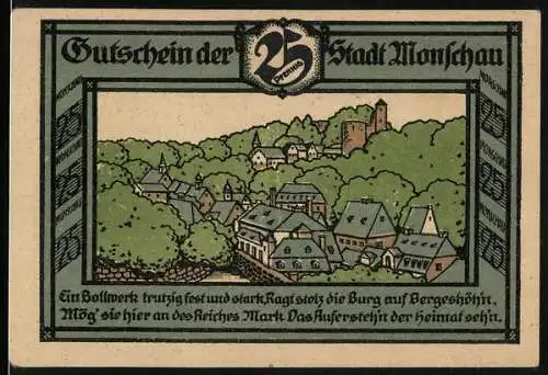 Notgeld Monschau 1921, 25 Pfennig, Ortsansicht mit der Burg