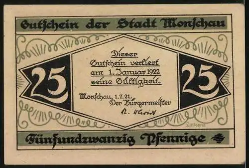 Notgeld Monschau 1921, 25 Pfennig, Ortsansicht mit der Burg