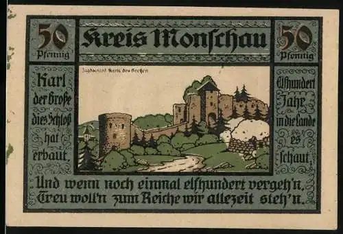 Notgeld Monschau 1921, 50 Pfennig, Das Jagdschloss Karls des Grossen