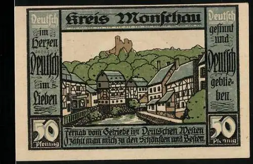Notgeld Monschau 1921, 50 Pfennig, Ein Fluss führt durch die Ortschaft, die Burg