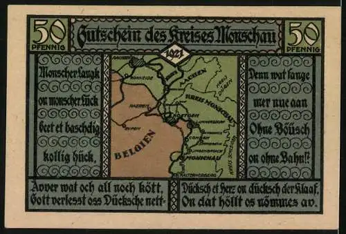 Notgeld Monschau 1921, 50 Pfennig, Karte mit Monschau an der belgischen Grenze