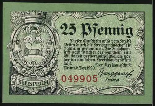 Notgeld Prüm 1920, 25 Pfennig, Die Ruine Schönecken