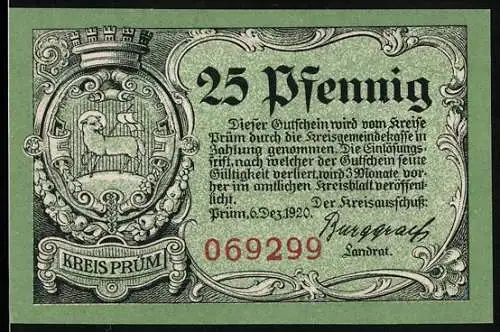 Notgeld Prüm 1920, 25 Pfennig, Blick auf die Ruine Schönecken