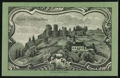 Notgeld Prüm 1920, 25 Pfennig, Blick auf die Ruine Schönecken