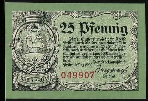 Notgeld Prüm 1920, 25 Pfennig, eine Kapelle vor der Ruine Schönecken