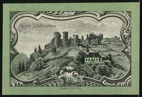 Notgeld Prüm 1920, 25 Pfennig, eine Kapelle vor der Ruine Schönecken