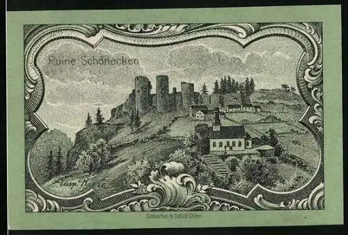 Notgeld Prüm 1920, 25 Pfennig, Kapelle und die Ruine Schönecken