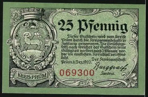 Notgeld Prüm 1920, 25 Pfennig, Kapelle und die Ruine Schönecken