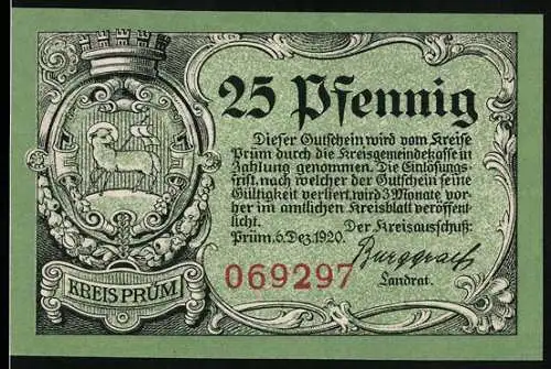 Notgeld Prüm 1920, 25 Pfennig, Ruine Schönecken und die Kapelle