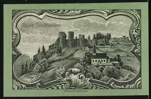 Notgeld Prüm 1920, 25 Pfennig, Ruine Schönecken und die Kapelle