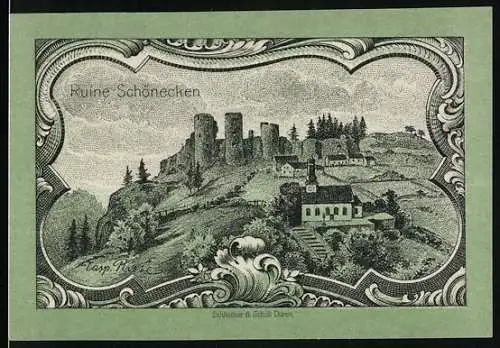 Notgeld Prüm 1920, 25 Pfennig, Die Ruine Schönecken und die Kapelle