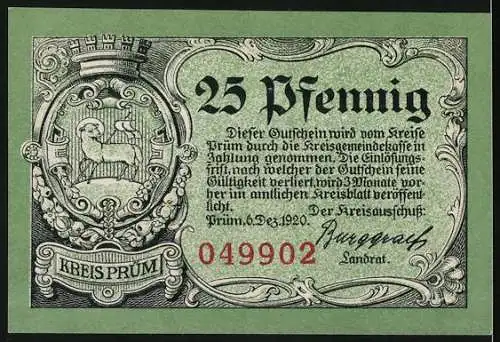 Notgeld Prüm 1920, 25 Pfennig, Die Ruine Schönecken und die Kapelle